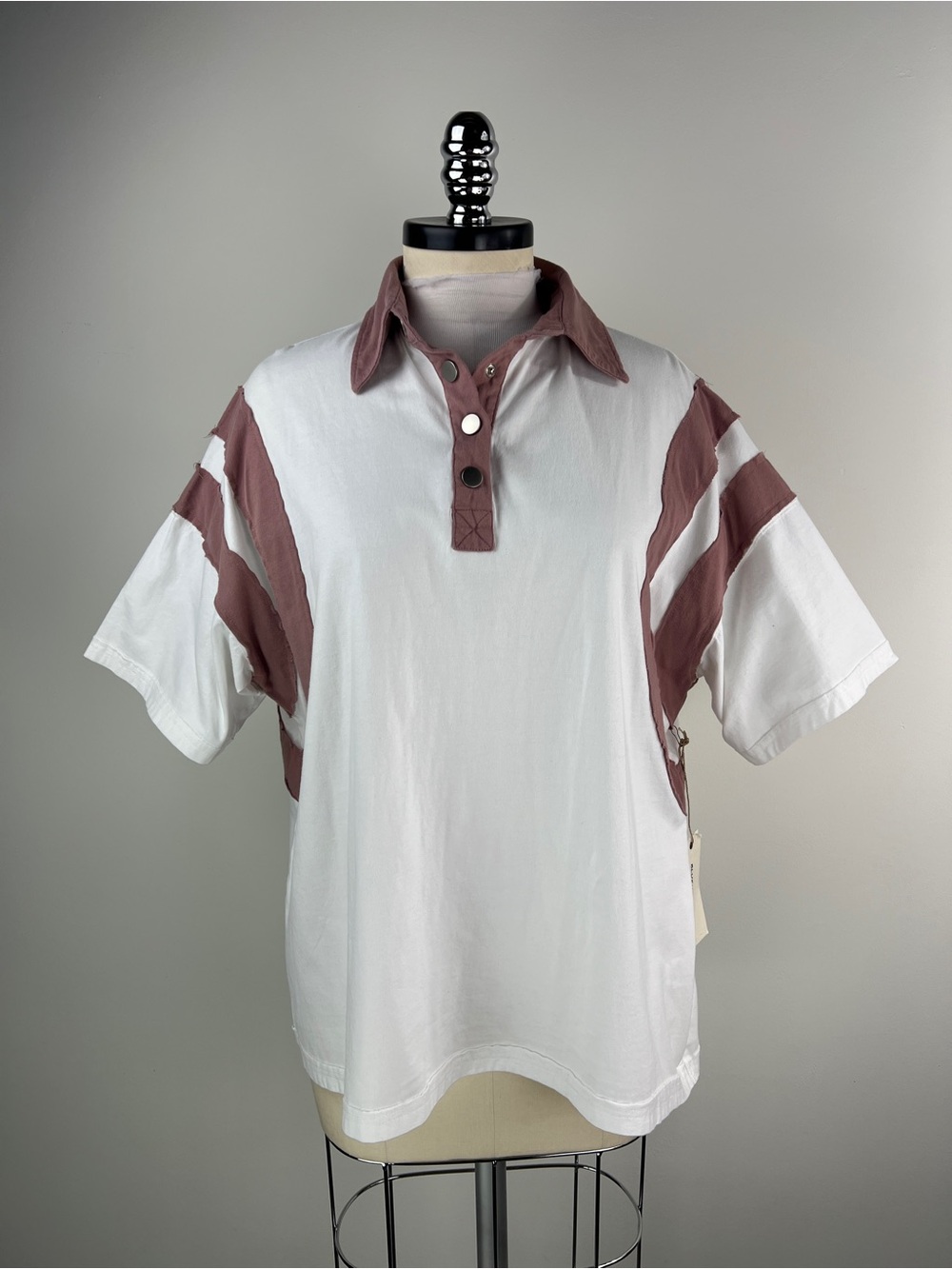 💚 3746. Oversized White & Mauve Short Sleeve Collared Shirt